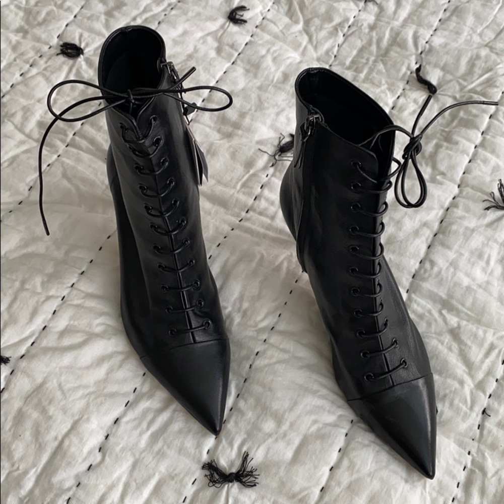 ZARA Black Leather Lace Up Booties NWT